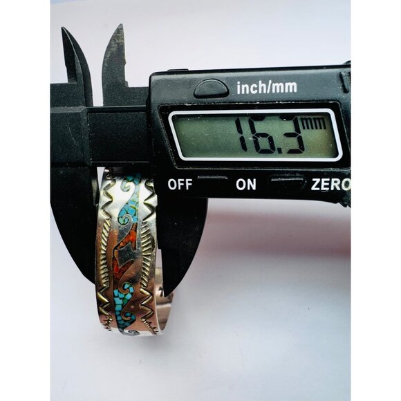 Vintage Sterling Silver Turquoise Coral Inlay Cuff Bracelet Southwestern Design - Picture 9 of 11